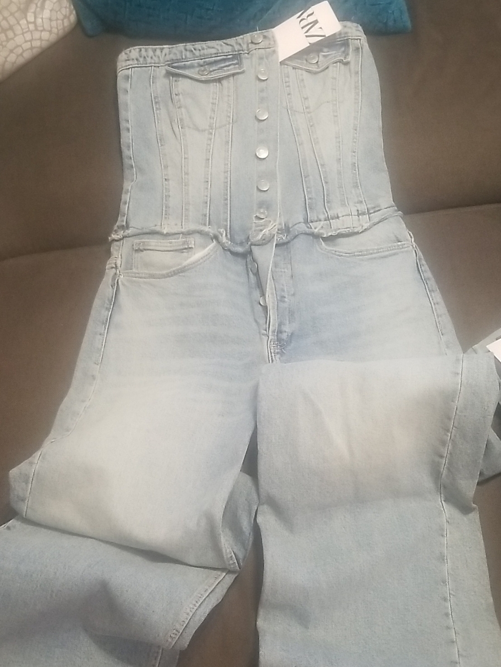 Zara Light Blue High-Rise Denim Corset Jumpsuit